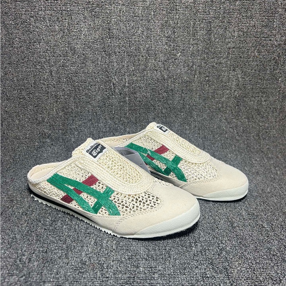 Onitsuka Tiger Crochet Slip-On Sneakers in Cream with Green & Red Stripes